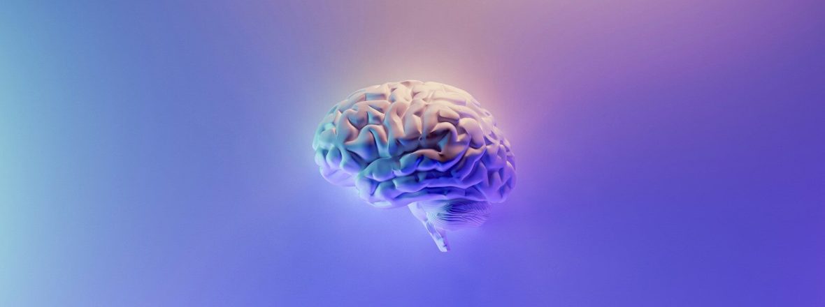 iridescent brain render on blue purple background