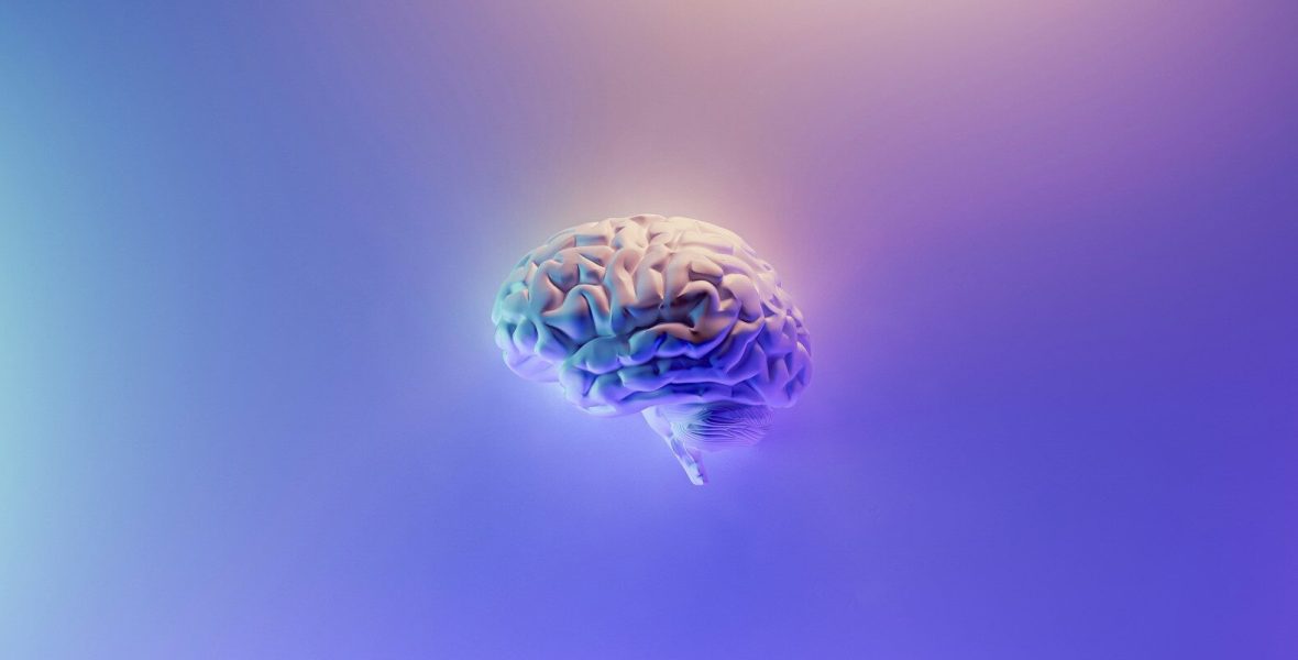 iridescent brain render on blue purple background