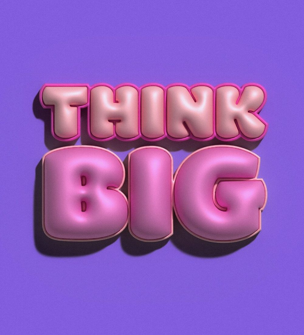 the words think big are pink against a purple background